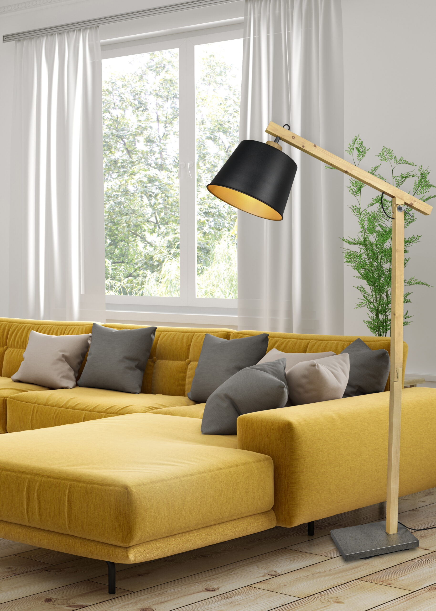 Modern interior design of scandinavian apartment, living room with yellow sofa, sideboard and black armchair 3d rendering